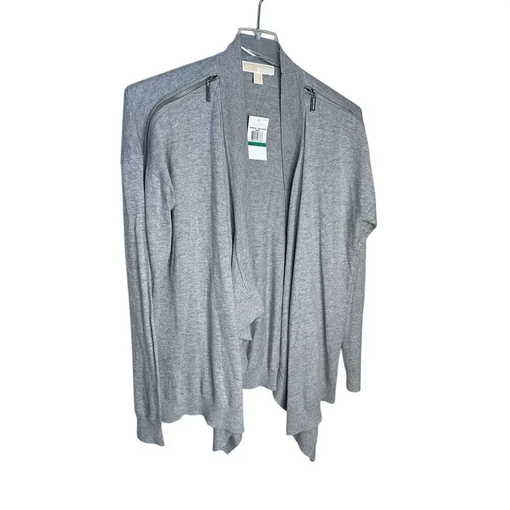 Michael Kors Open Cardigan Zipper Shoulders Pearl Heather Womens Size Large‎ NEW